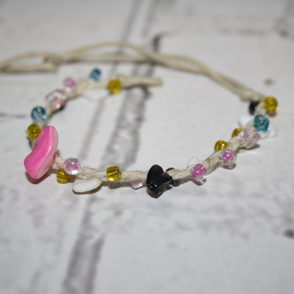 Fun cord tie bracelet with glass and shell beads 6-9"